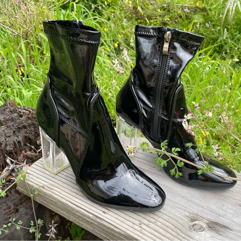 Black Vinyl Lucite Heel Boots - Picture 2 of 4